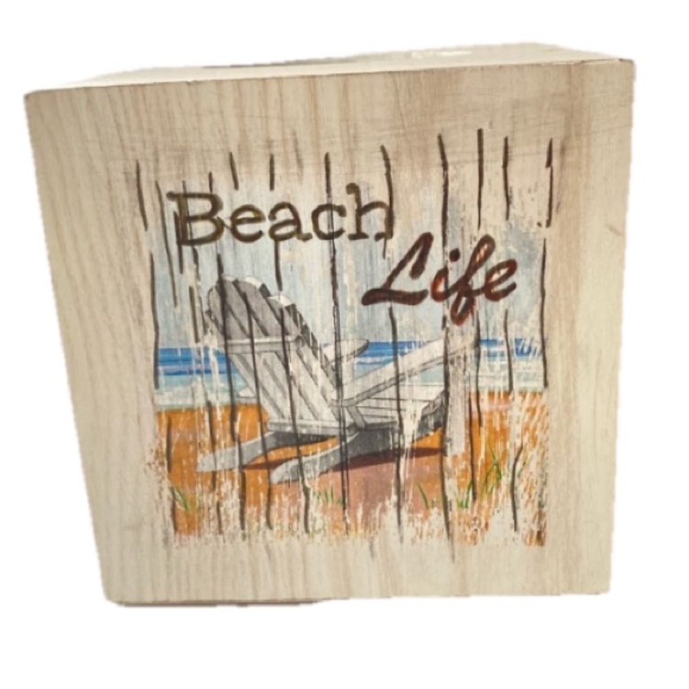 BEACH LIFE Square Tissue Box Cover Wood Nautical Coastal Ocean Beach 5.75 inches